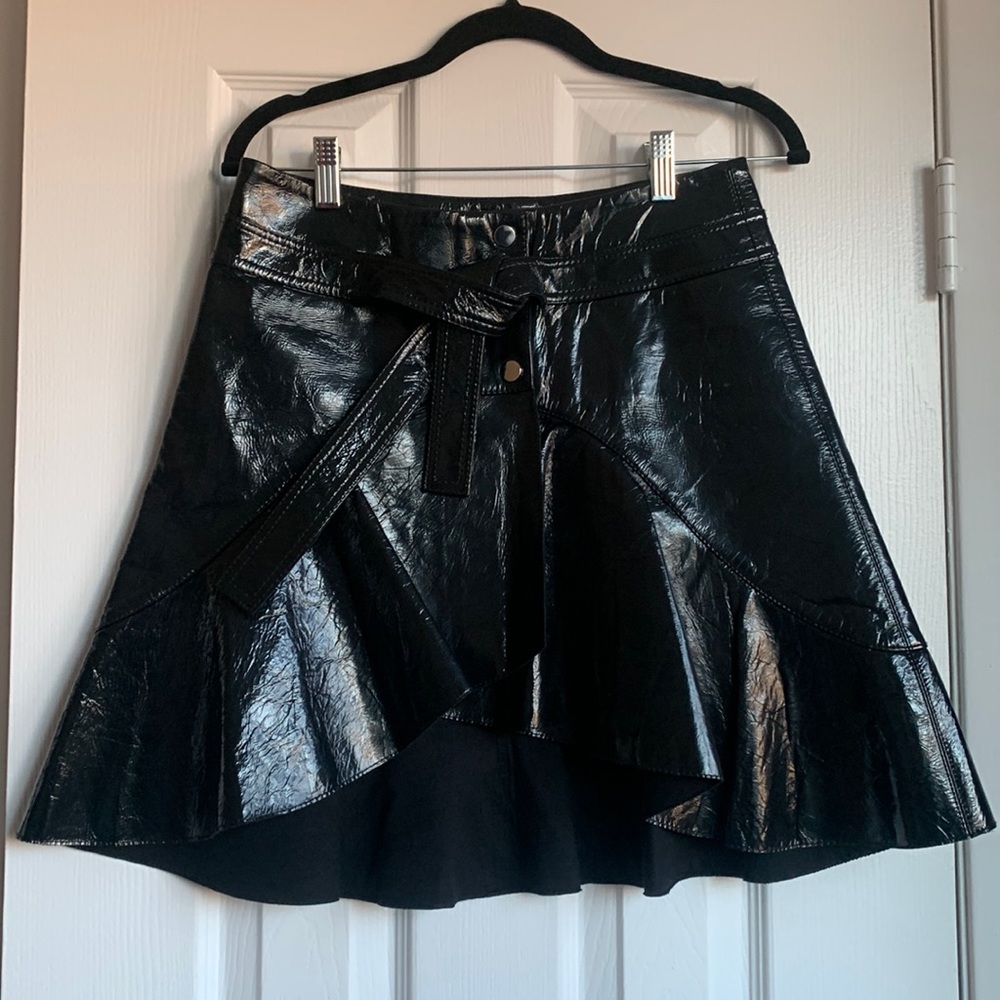 Maje Janak Black Patent Wrap Skirt with Ruffle Hem